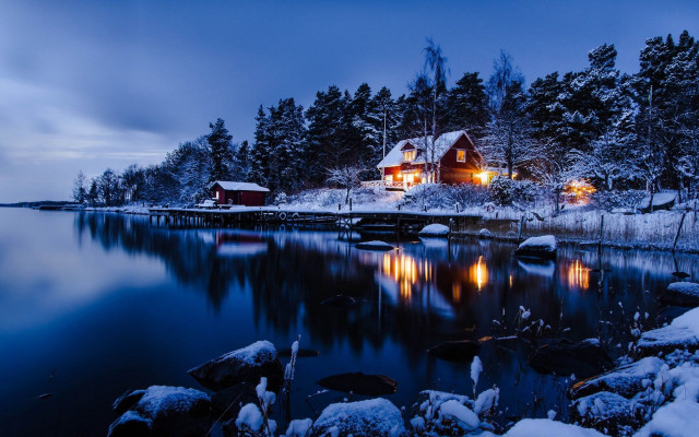 House lake snow trees night free wallpaper for desktop - medium preview image