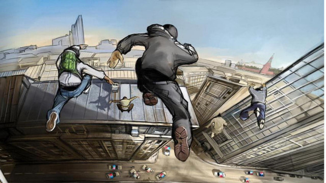 Skateboard jump bridge graffiti buildings free wallpaper for desktop - medium preview image