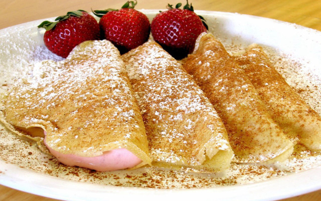 Strawberries pancakes plate food wooden free wallpaper for desktop - medium preview image