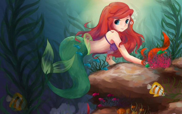 Mermaid sitting rock fish hand free wallpaper for desktop - medium preview image