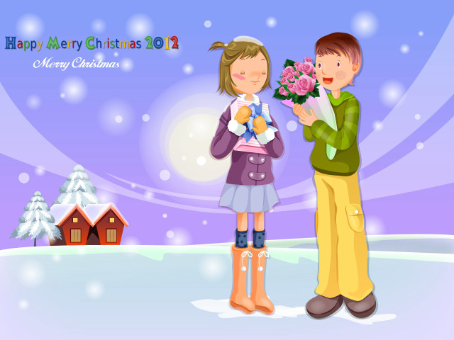 Boy giving girl bouquet snowy free wallpaper for desktop - medium preview image