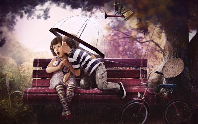 Couple bench umbrella bicycle sitting free wallpaper for desktop - medium preview image