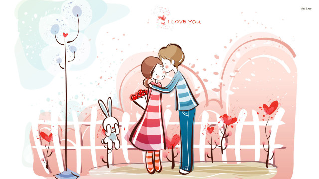 Couple hugging fence rabbit flower free wallpaper for desktop - medium preview image