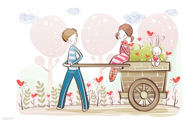 Man woman pushing wagon cart free wallpaper for desktop - medium preview image
