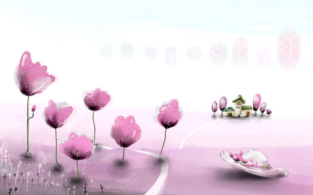 Pink flowers house boat water free wallpaper for desktop - medium preview image