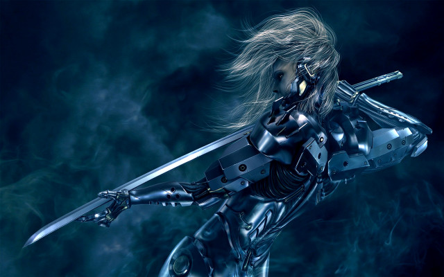 Futuristic woman suit sword smoke free wallpaper for desktop - medium preview image