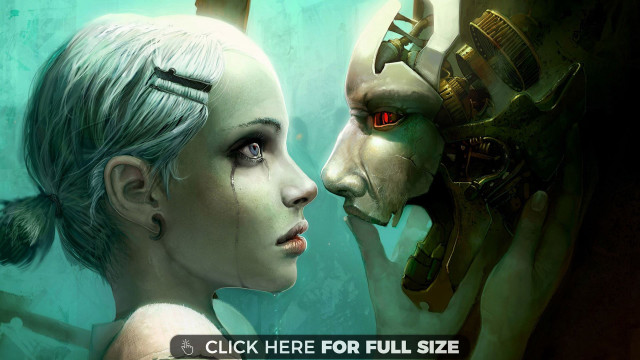 Woman man surrealistic scene text free wallpaper for desktop - medium preview image