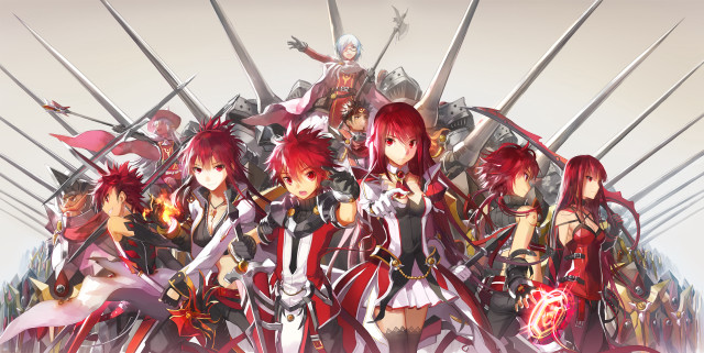 Anime characters swords pile holding free wallpaper for desktop - medium preview image