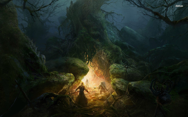 Man forest firepit woman doorway free wallpaper for desktop - medium preview image