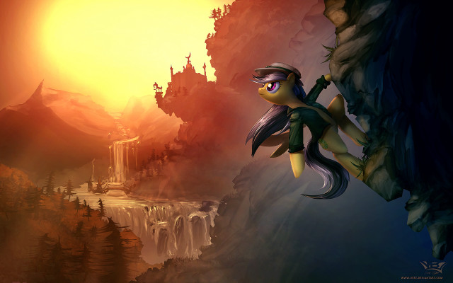 Cartoon pony cliff waterfall sunset free wallpaper for desktop - medium preview image