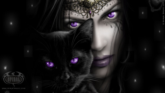 Woman purple eyes black cat #3 free wallpaper for desktop - medium preview image
