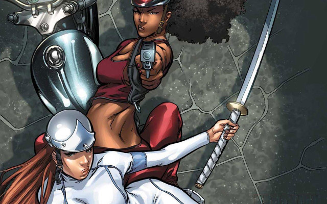 Woman red dress sword man free wallpaper for desktop - medium preview image