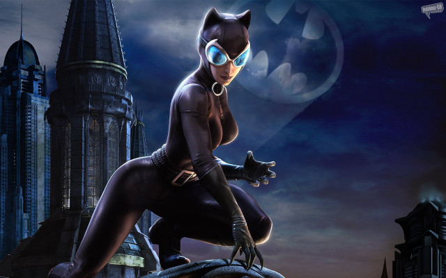 Woman cat suit castle pose free wallpaper for desktop - medium preview image