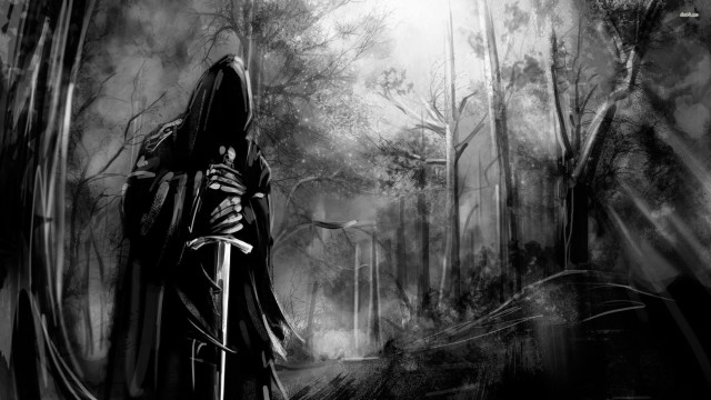 Dark forest hooded man sword free wallpaper for desktop - medium preview image