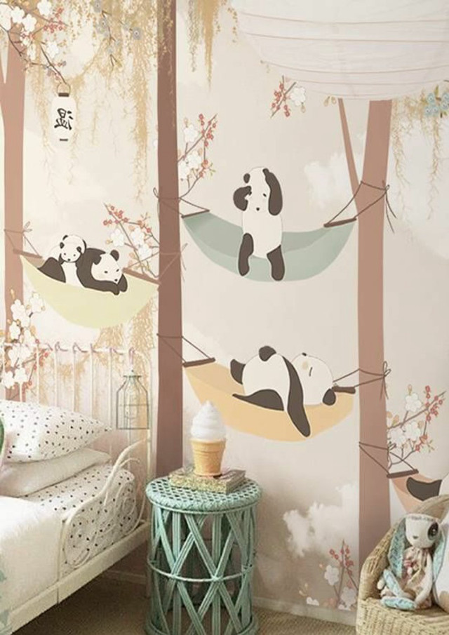Panda mural child bedroom bed free wallpaper for mobile - medium preview image