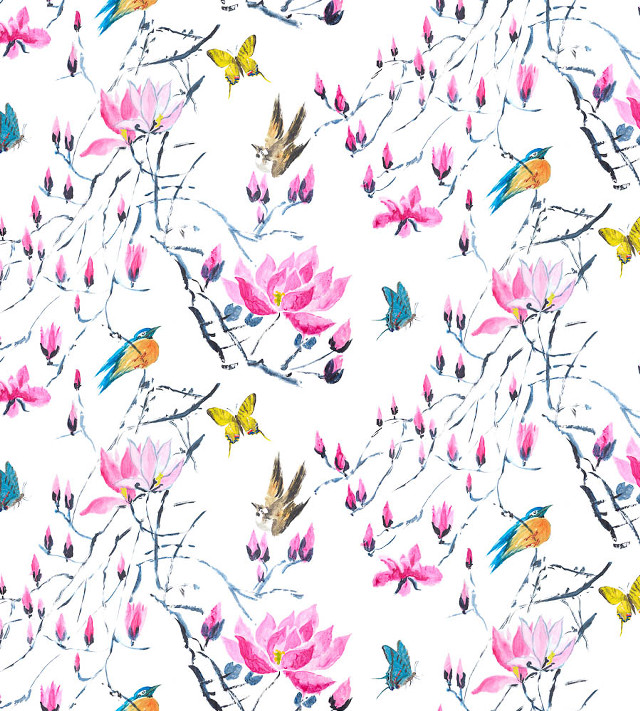 White background birds flowers pattern free wallpaper for tablet - medium preview image