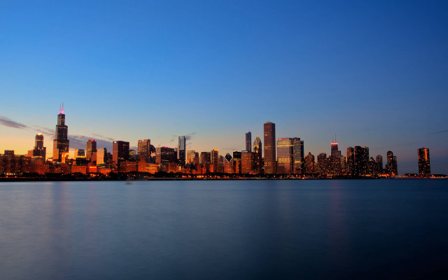 City skyline water dusk blue free wallpaper for desktop - medium preview image