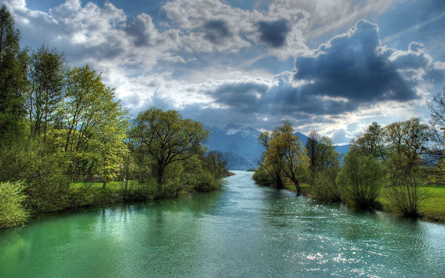River lush forest cloudy sky free wallpaper for desktop - medium preview image