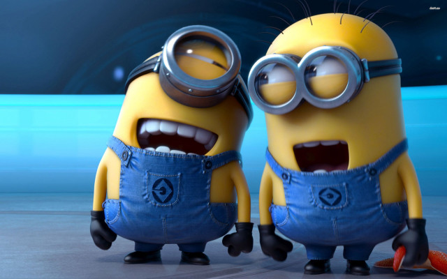 Minions blue background posed fun free wallpaper for desktop - medium preview image