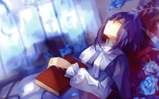 Woman purple hair book sitting free wallpaper for desktop - medium preview image