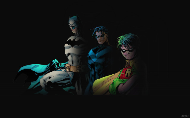 Batman characters group dark room free wallpaper for desktop - medium preview image