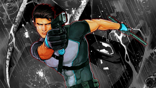 Cartoon man gun helmet holding free wallpaper for desktop - medium preview image