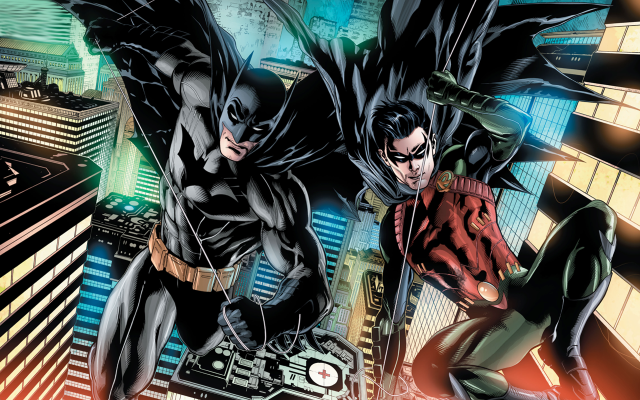 Batmans flying city arms outstretched free wallpaper for desktop - medium preview image