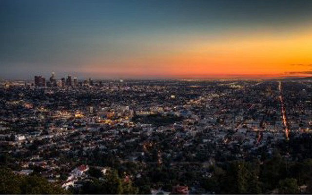 Cityscape sunset reflection skyscrapers mountain free wallpaper for desktop - medium preview image