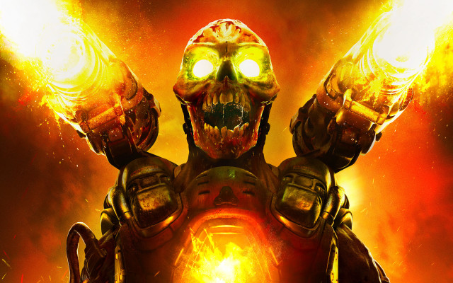Demonic robot flaming skull armcannon free wallpaper for desktop - medium preview image