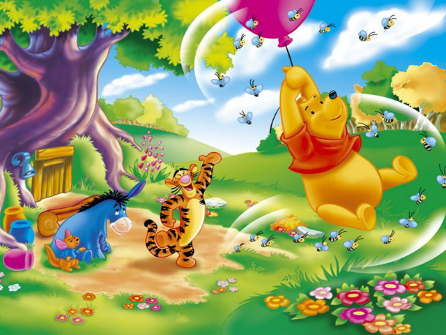 Pooh friends park balloons flowers free wallpaper for desktop - medium preview image