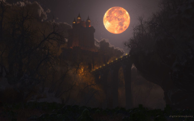 Full moon castle night sky free wallpaper for desktop - medium preview image