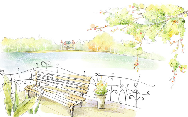 Watercolor bench tree lake house free wallpaper for desktop - medium preview image