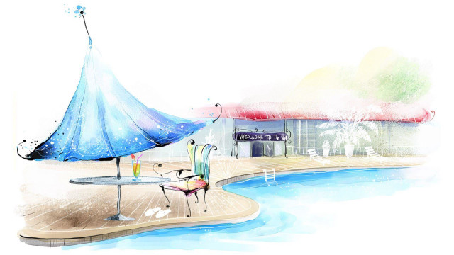 Blue umbrella chair pier pool free wallpaper for desktop - medium preview image