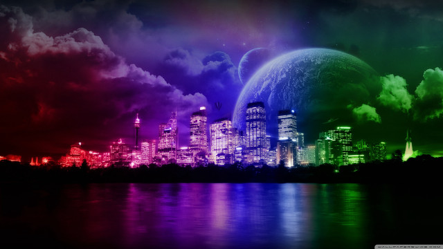 City skyline rainbow colored sky #2 free wallpaper for desktop - medium preview image