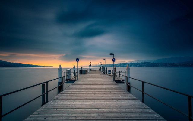 Pier lights night cloudy sky free wallpaper for desktop - medium preview image
