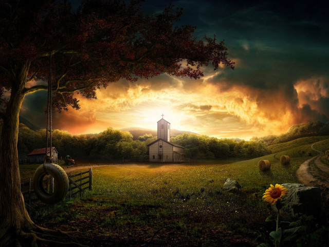 Church field tree sunflower barn free wallpaper for desktop - medium preview image