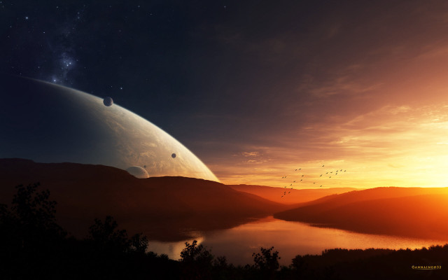 Planet lake star sunset space free wallpaper for desktop - medium preview image