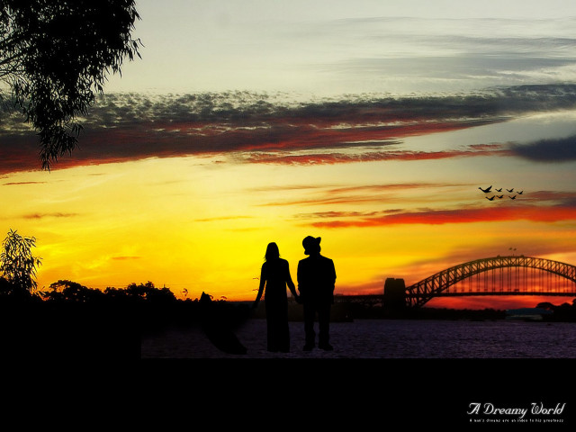 Couple sunset bridge plane flying free wallpaper for desktop - medium preview image