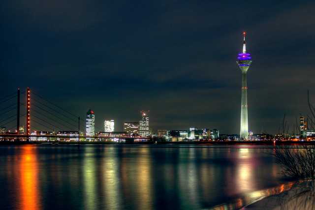 City skyline night tower reflection free wallpaper for desktop - medium preview image