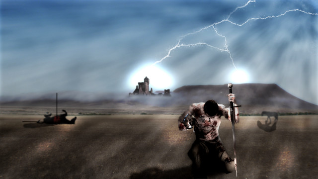 Man sword field castle background free wallpaper for desktop - medium preview image