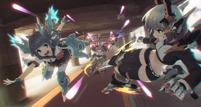 Anime girls running street arms free wallpaper for desktop - medium preview image