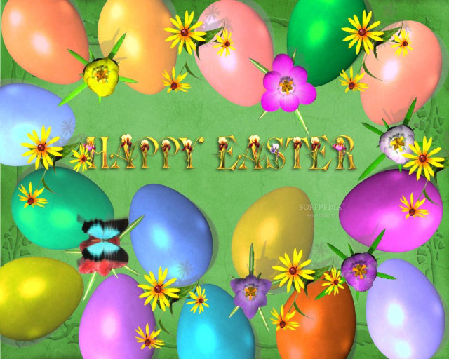 Happy easter eggs flowers green free wallpaper for desktop - medium preview image