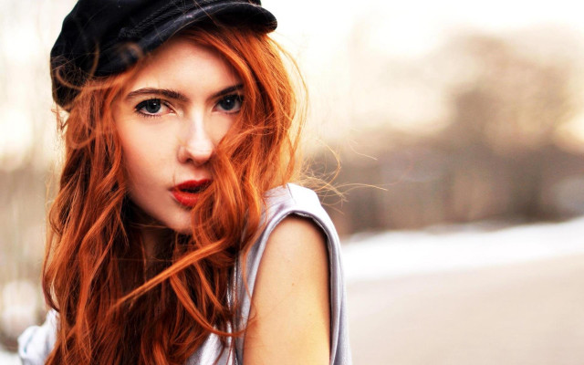 Woman red hair hat white free wallpaper for desktop - medium preview image