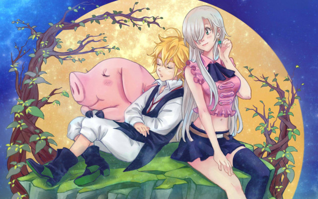 Anime couple pig full moon free wallpaper for desktop - medium preview image