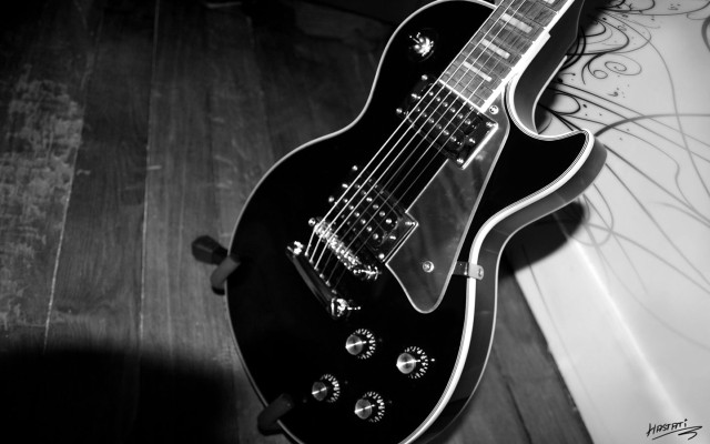 Guitar table wallpaper woodenfloor blackwhite free wallpaper for desktop - medium preview image