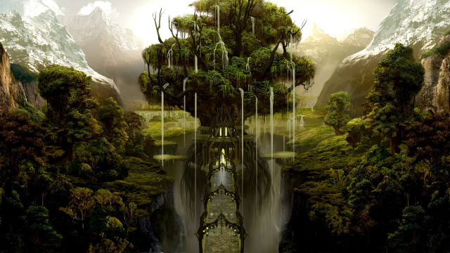 Waterfall house mountain trees painting free wallpaper for desktop - medium preview image
