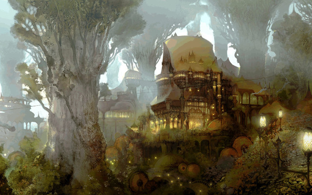 Fantasy city trees lights buildings free wallpaper for desktop - medium preview image