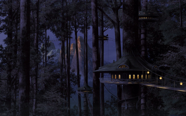 Tree house forest night lights #2 free wallpaper for desktop - medium preview image