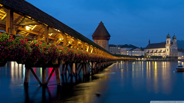 Wooden bridge flowers night building free wallpaper for desktop - medium preview image