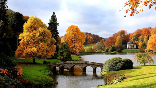 Bridge lake trees orange leaves free wallpaper for desktop - medium preview image